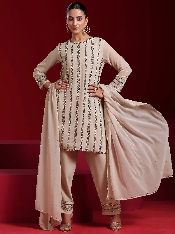 Exclusive Customization Libas Art Taupe Striped Georgette Straight Suit With Dupatta