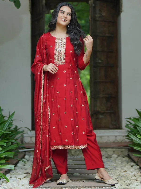 Personalized Wear Maroon Self Design Silk Blend Straight Suit With Dupatta