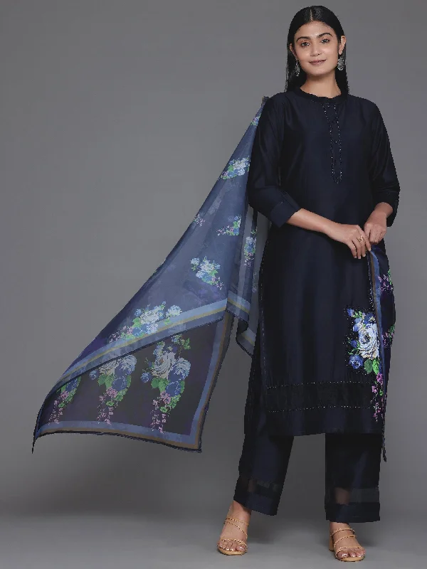 Eye-catching Personality Navy Blue Self Design Silk Blend Straight Suit With Dupatta