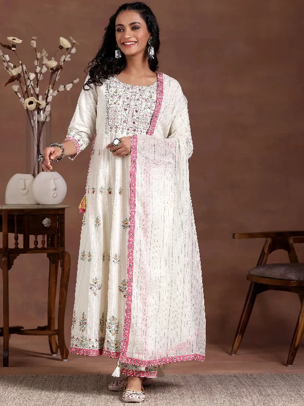 Casual And Comfortable Off white Embroidered Cotton A-Line Kurta With Trousers & Dupatta