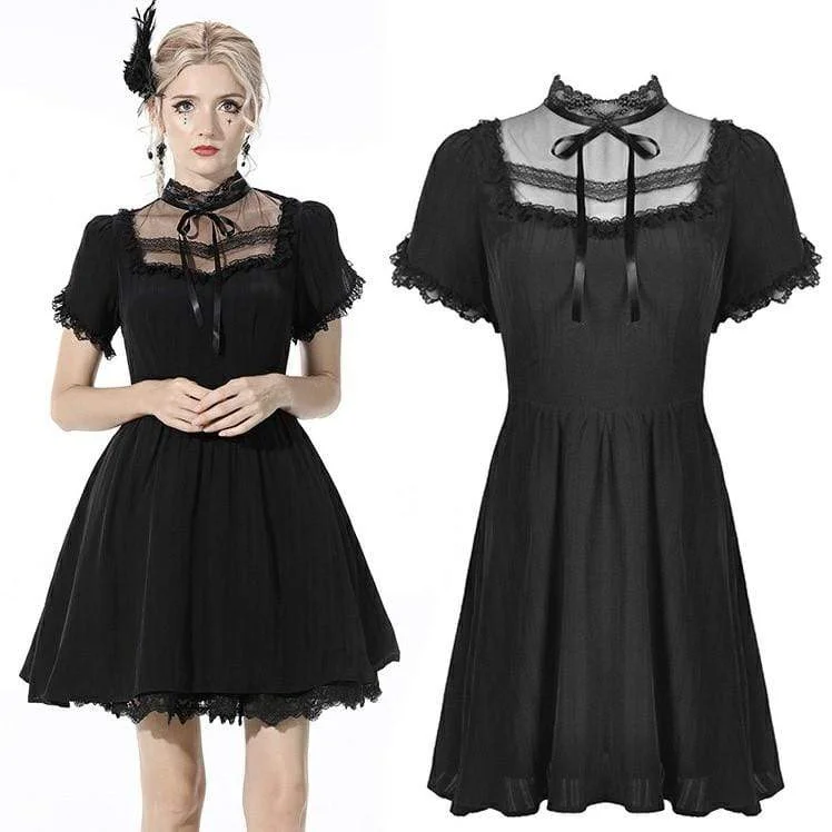 Unique Prints Women's Gothic Bowknot Pleated Black Dress