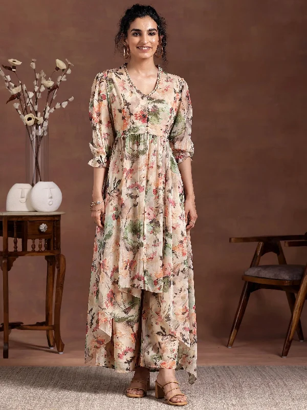 Simple Style Beige Printed Chiffon Co-Ords