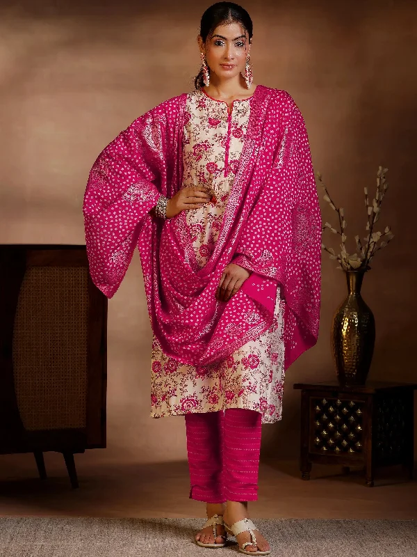 Fresh And Natural Pink Printed Silk Blend Straight Suits With Dupatta