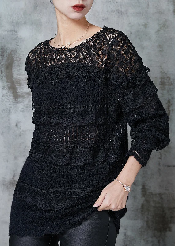 Simple Solid Color Women Black Hollow Out Patchwork Lace Knit Shirts Spring