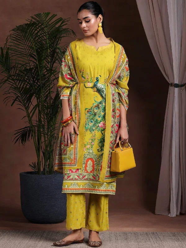 Sports And Leisure Mustard Printed Poly Crepe Straight Suit With Dupatta