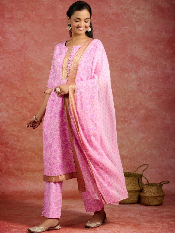 Slim Fit Pink Printed Cotton Straight Suit With Dupatta