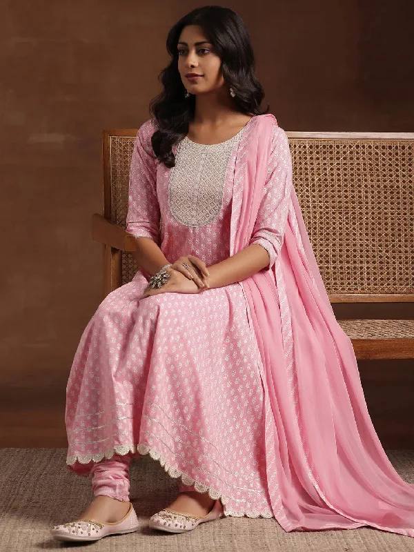 Elegant And Charming Pink Printed Cotton A-Line Kurta With Churidar & Dupatta