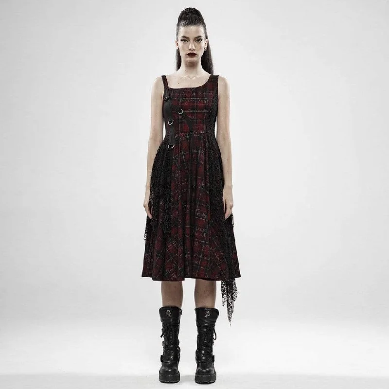 Street Fashion Women's Punk Irregular Red Plaid Slip Dresses With Mesh Ruffles