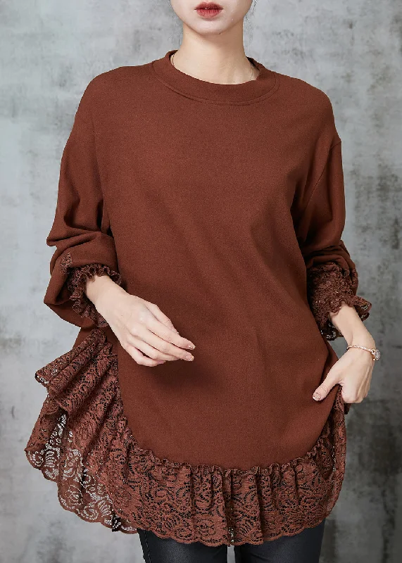 Classic Style Caramel Patchwork Lace Cotton Loose Sweatshirt Oversized Spring