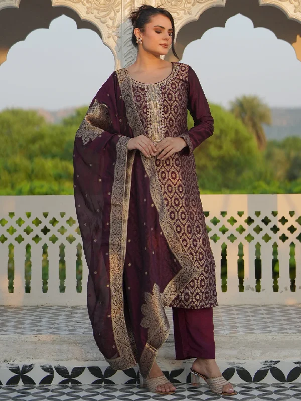 Exquisite Embroidery Wine Woven Design Silk Blend Straight Suit With Dupatta