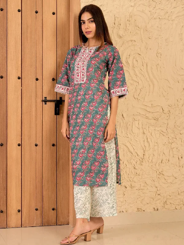 Exquisite Fabrics Green Printed Cotton Straight Kurta Set