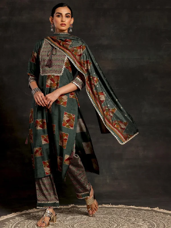 Personalized Design Green Printed Silk Blend Straight Suit With Dupatta