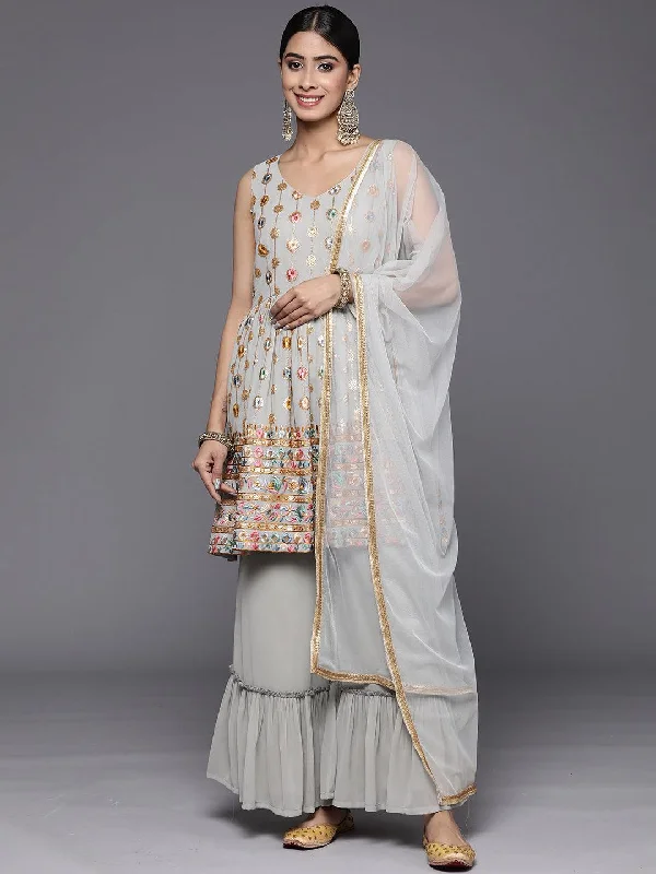 Casual Street Grey Embroidered Georgette A-Line Sharara Suit Set With Dupatta