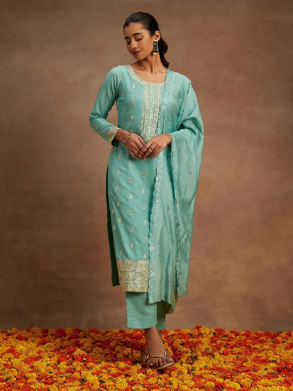 Girl Style Green Embroidered Silk Straight Suit With Dupatta