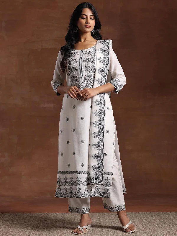 Comfortable And Casual White Woven Design Cotton Straight Suit With Dupatta