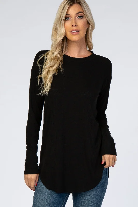 Elegant Tailoring Black Long Sleeve Round Hem Textured Top