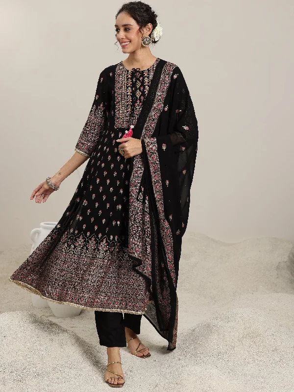 Classic Black Printed Georgette Anarkali Suit With Dupatta