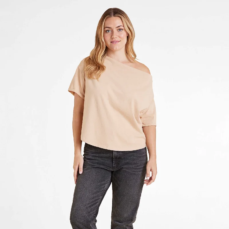 Double-sided Wear Vintage Cotton Off The Shoulder T-Shirt | Oat