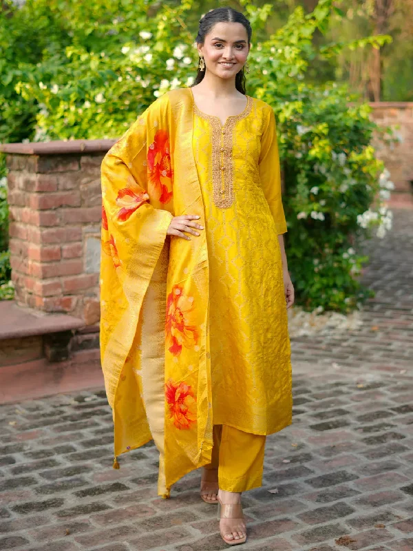 Stunning Fashion Mustard Woven Design Silk Blend Straight Suit With Dupatta