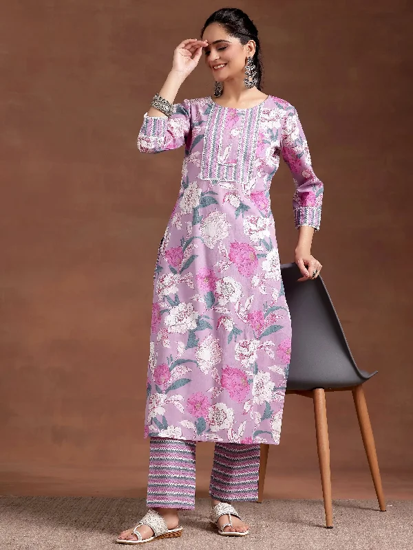 Fashionable Items Lavender Printed Cotton Straight Kurta Set