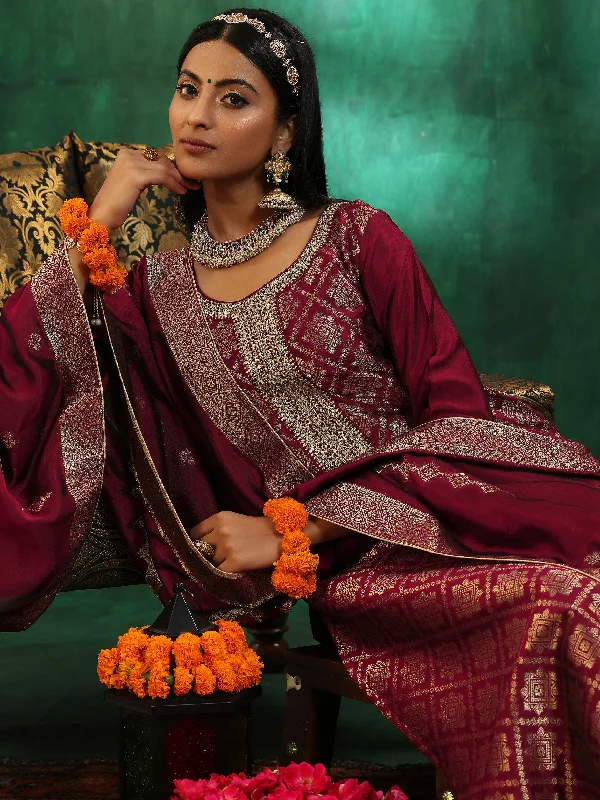 Designer Style Maroon Woven Design Silk Blend Straight Suit With Dupatta