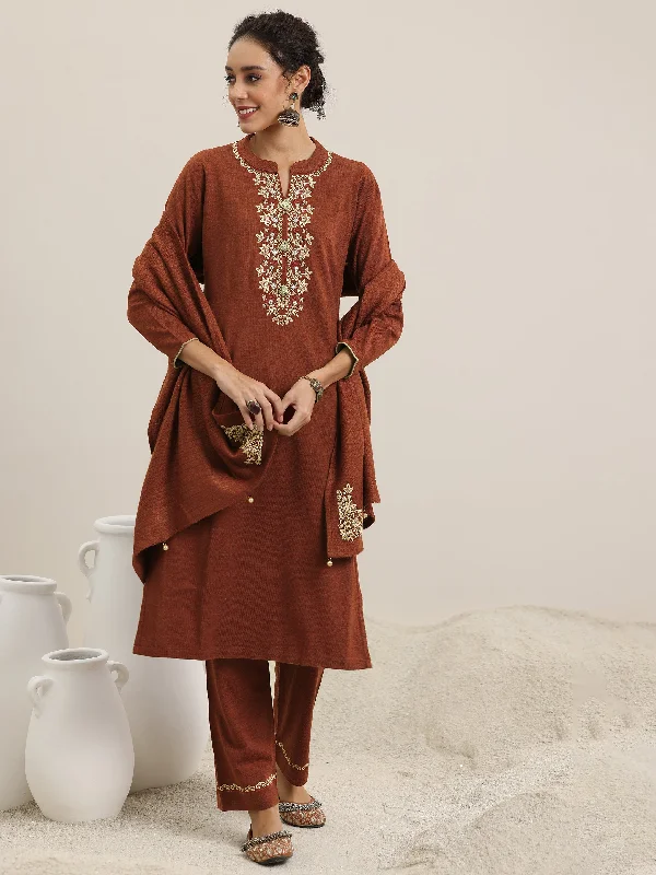 Fresh And Simple Rust Yoke Design Wool Blend Straight Suit With Dupatta