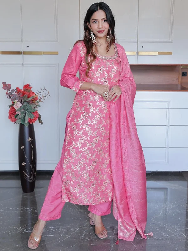 Casual And Casual Pink Woven Design Silk Blend Straight Suit With Dupatta