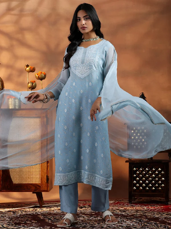 Warm And Comfortable Blue Embroidered Organza Straight Suit With Dupatta