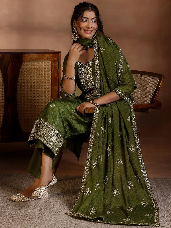 Elegant Tailoring Olive Woven Design Silk Blend Straight Suit With Dupatta