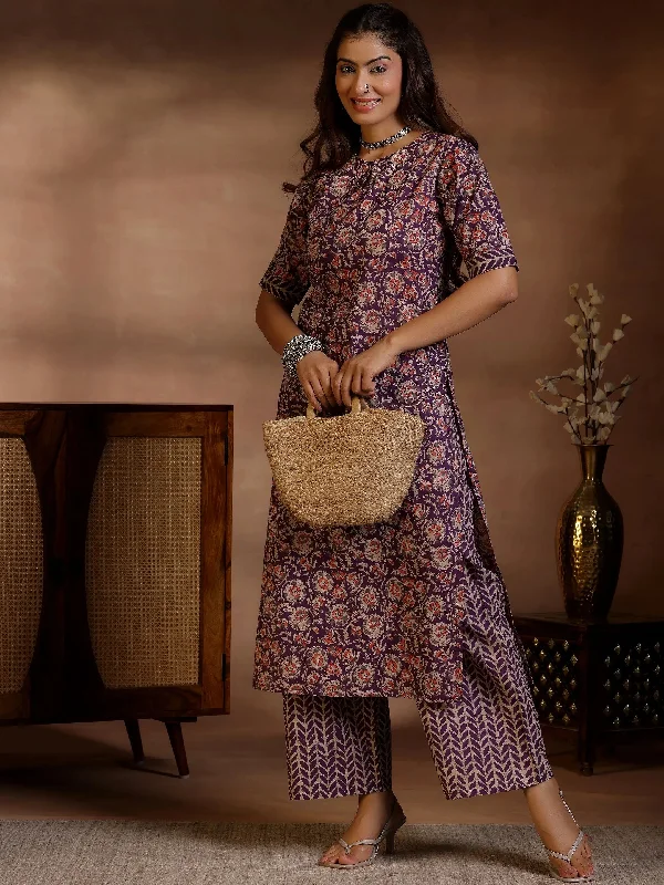 Outdoor Trend Purple Printed Cotton Straight Kurta Set