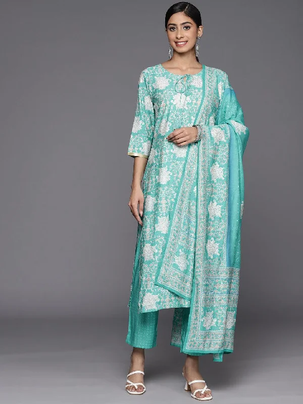 Ethnic Style Blue Printed Silk Blend Straight Kurta With Trousers & Dupatta