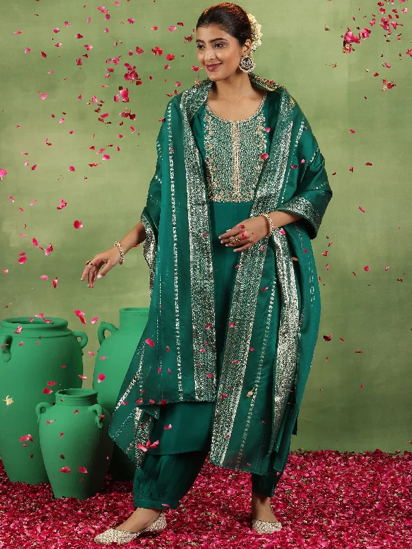 Spiritual Vitality Green Yoke Design Silk Blend Straight Suit With Dupatta