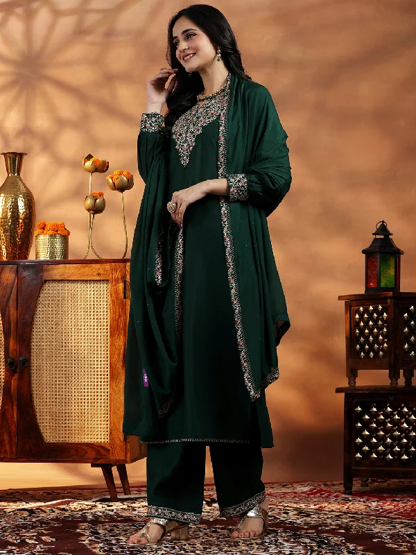 Versatile Items Green Yoke Design Silk Blend Straight Suit With Dupatta