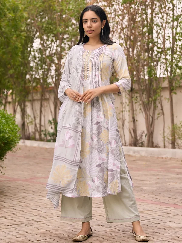 French Style Grey Printed Cotton Blend A-Line Kurta With Palazzos & Dupatta