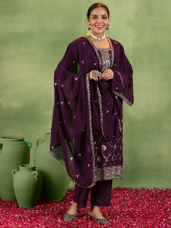 Fresh And Capable Wine Woven Design Silk Blend Straight Suit With Dupatta