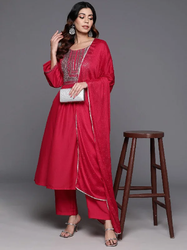 Fresh And Natural Pink Yoke Design Silk Blend A-Line Kurta With Trousers & Dupatta