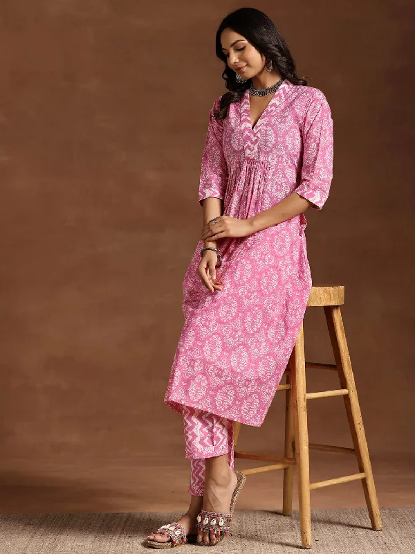 Loose Fit Pink Printed Cotton A-Line Kurta With Trousers