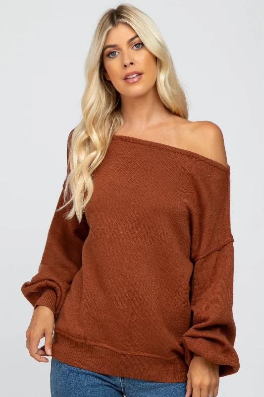 Simple And Comfortable Camel Boat Neck Bubble Sleeve Sweater