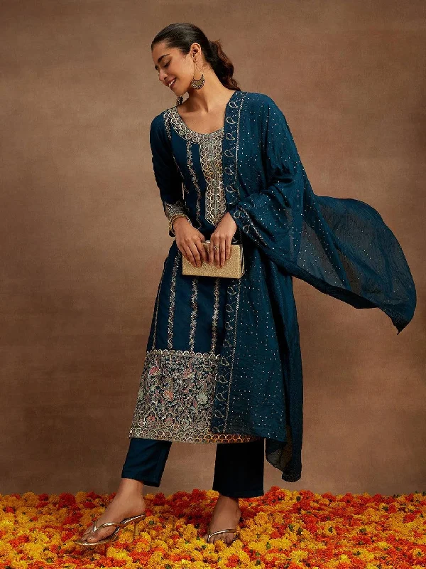 Simple And Comfortable Teal Embroidered Silk Straight Suit With Dupatta