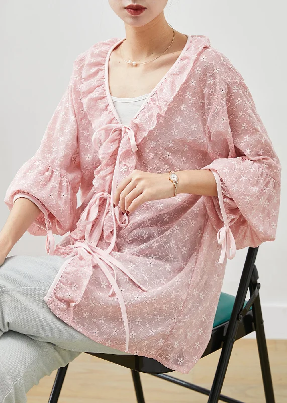 Celebrity Style Bohemian Pink Embroidered Ruffles Lace Shirt Spring