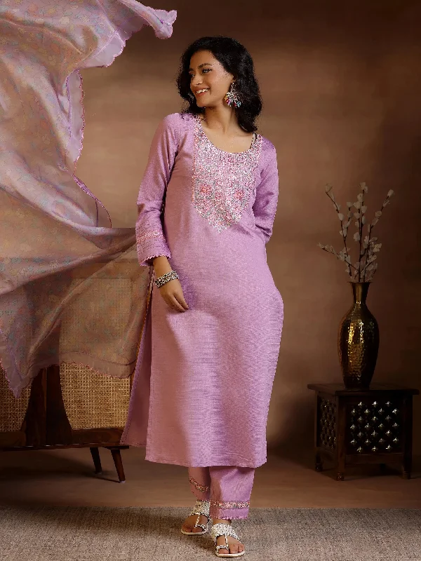 Warm Atmosphere Lavender Yoke Design Silk Blend Straight Suits With Dupatta