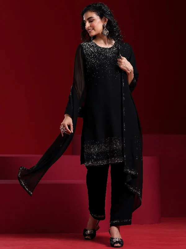 Lazy Style Libas Art Black Solid Georgette Straight Suit With Dupatta