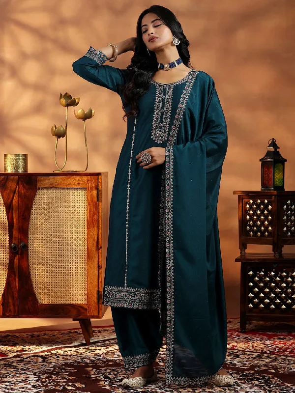 Trendy And Casual Teal Embroidered Silk Blend Straight Suit With Dupatta