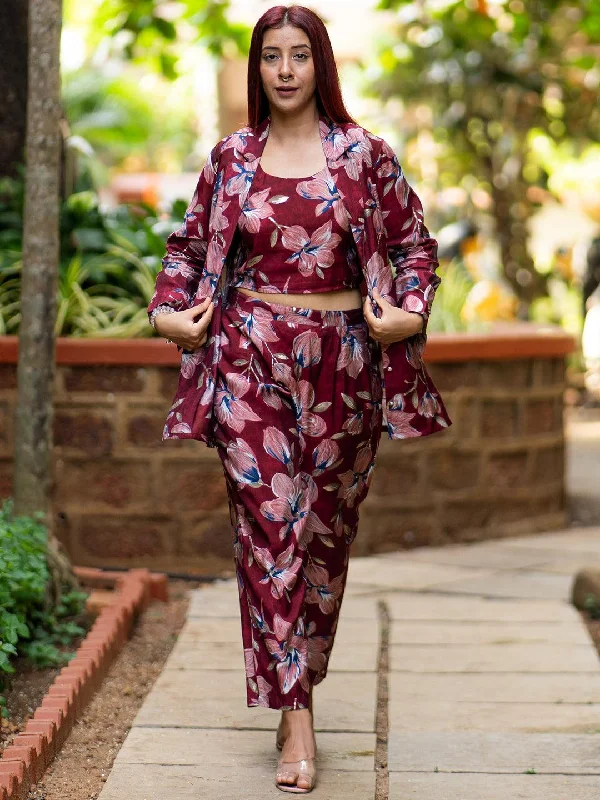 Carefree Style Maroon Printed Silk Blend 3 Piece Co-Ords