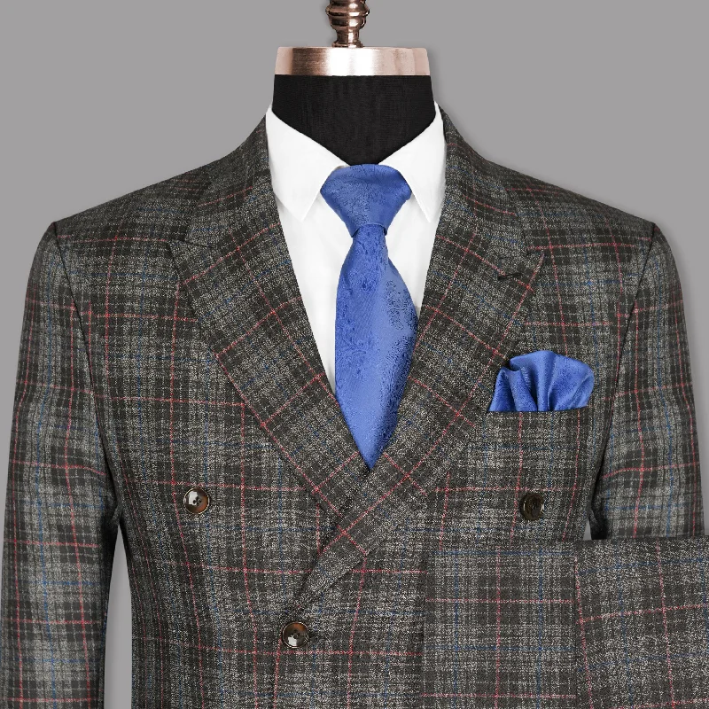 Simple Solid Color Charcoal Windowpane Wool Rich Double Breasted Suit