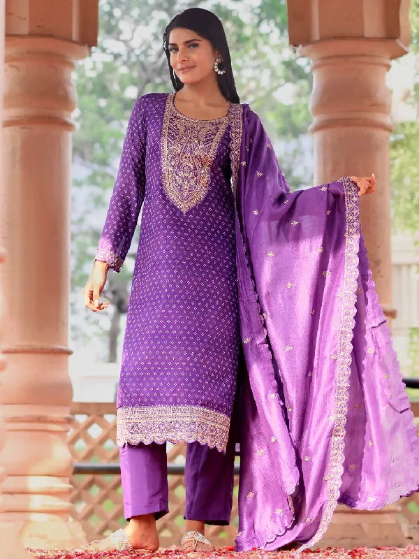 Playful Style Purple Printed Silk Blend Straight Suit With Dupatta