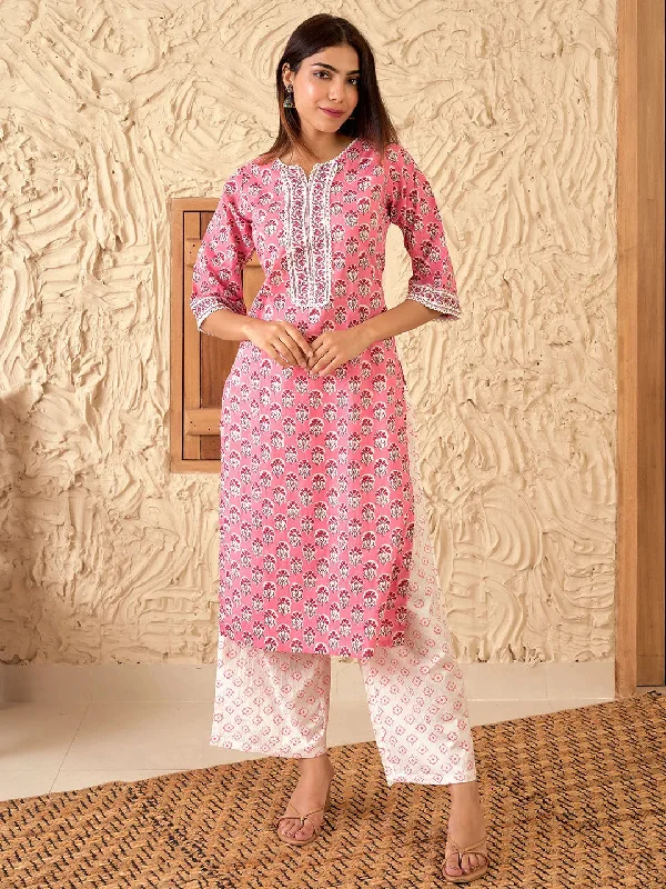 Modern City Peach Printed Cotton Straight Kurta With Palazzos