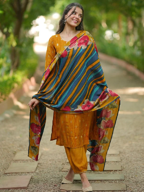 Advanced Customization Mustard Woven Design Silk Blend Straight Suit With Dupatta