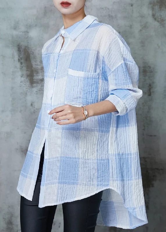 Noble And Elegant Blue Plaid Cotton UPF 50+ Blouse Top Oversized Spring