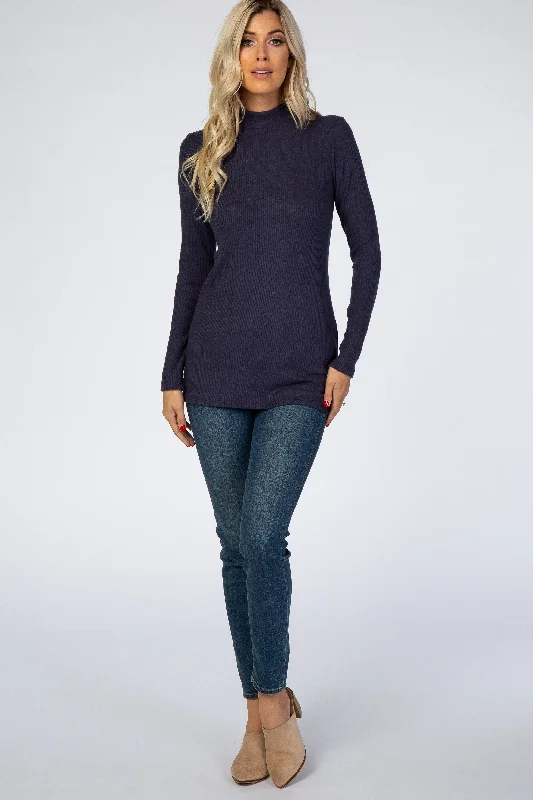 Warm And Comfortable Navy Blue Ribbed Long Sleeve Mock Neck Top